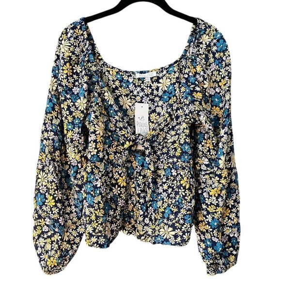 Patrons of Peace Floral Puff Sleeve Crop Top Navy Blue Yellow Daisy Print - Picture 1 of 7